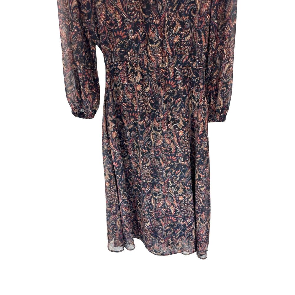 Evereve Dress Paisley Print Tie Front Chiffon Gremlin Forest‎ Eliza Midi Small - Picture 6 of 15